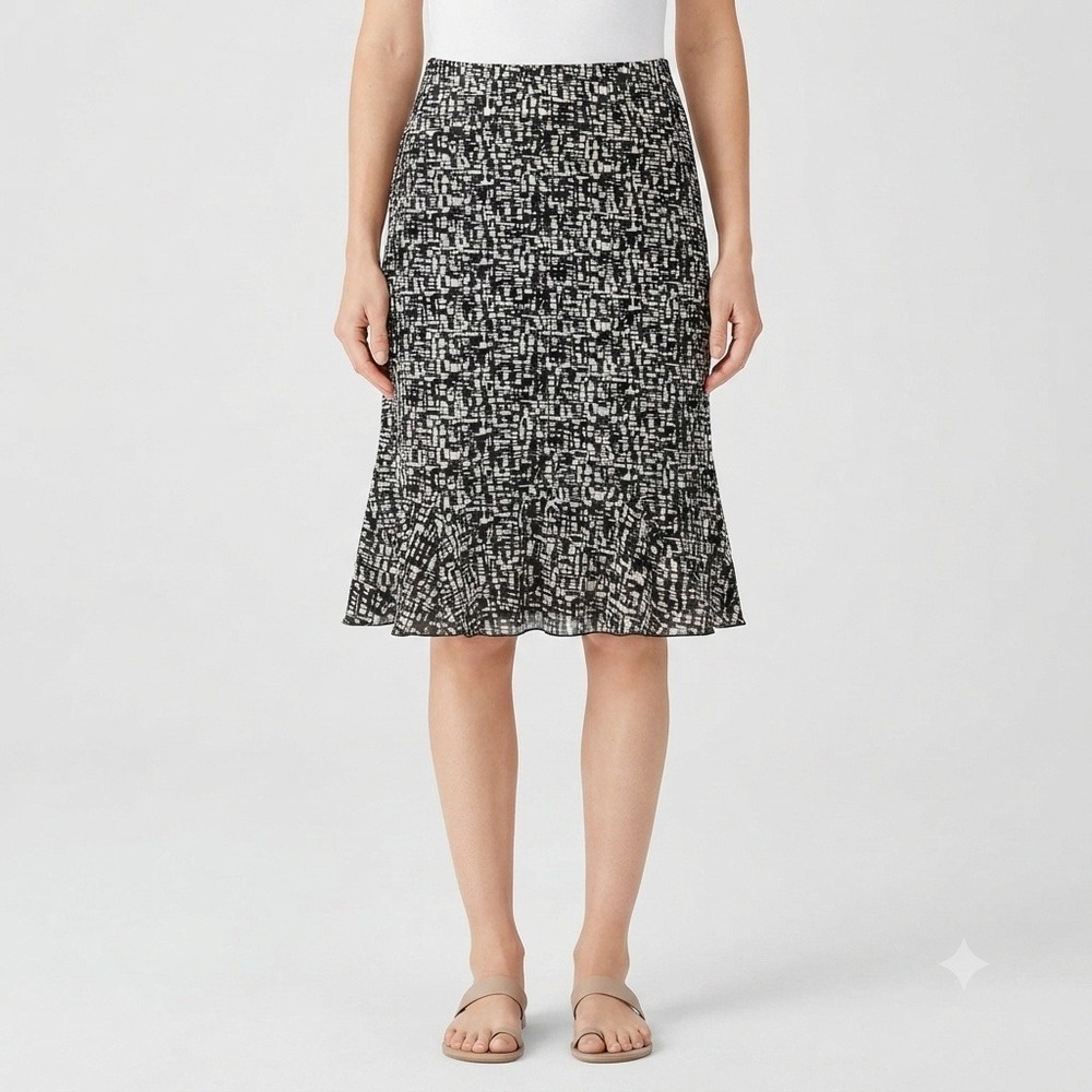 SKIRT Womens Large‎ L Midi Black White Abstract Print Flounce Hem